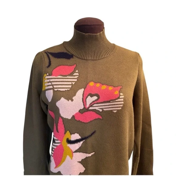 Anthropologie Knitted Knotted Olive Green MockNeck Abstract Floral Sweater sz M - Picture 9 of 16